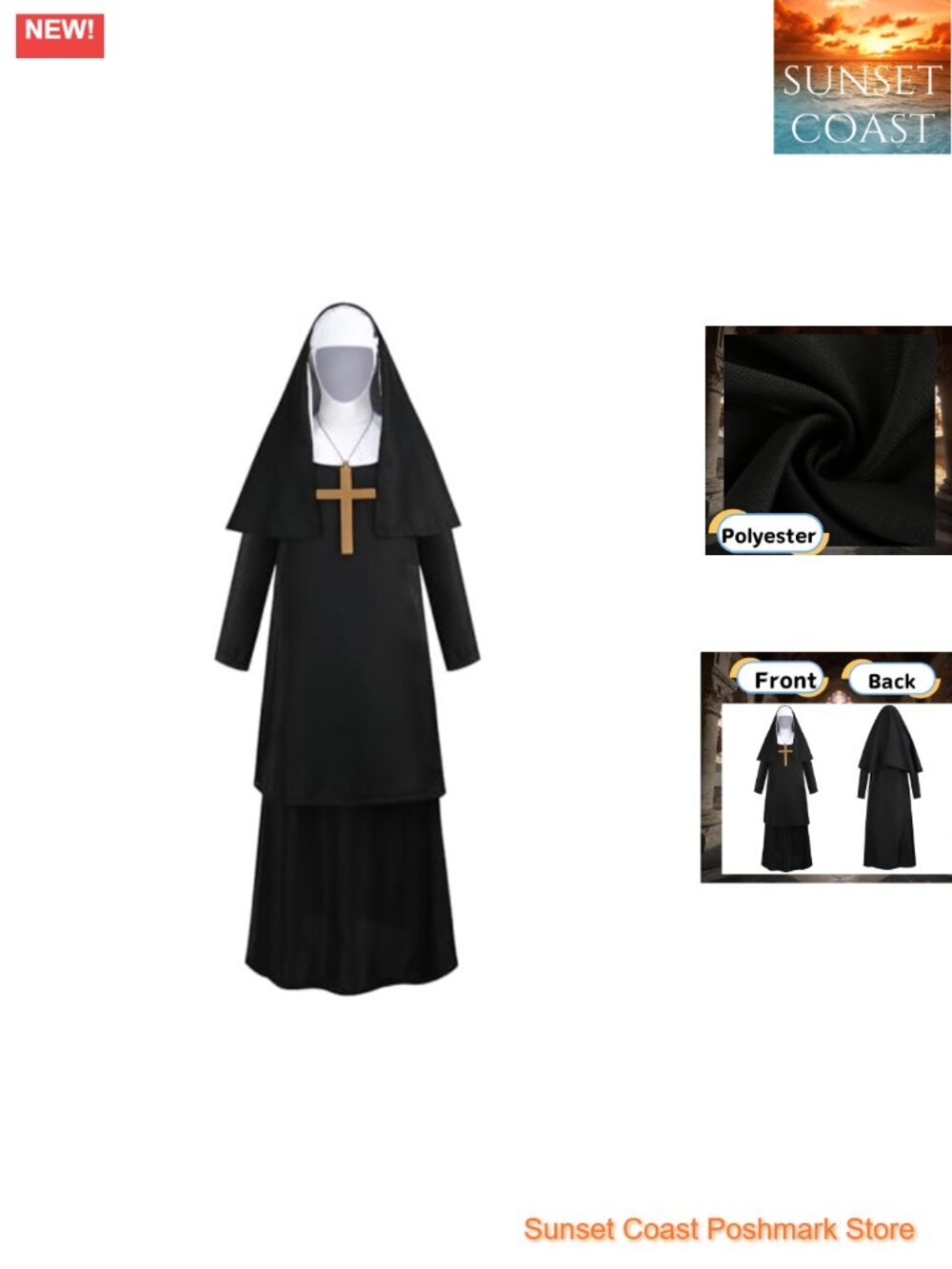 Nun Costume Set Adult Traditional Dress Headscarf Cross Necklace Halloween